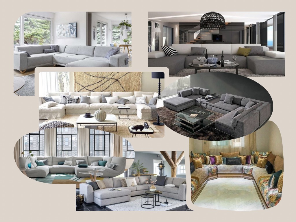 Moodboard avec différents types de canapé salon marocain en U