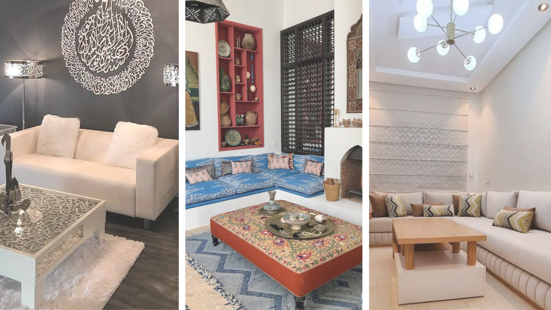 trois photo de canapé marocain en tissu oriental classique